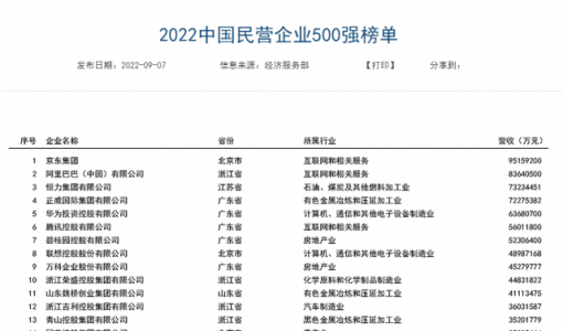 2022 年中国民营企业 500 强发布，京东、阿里、恒力位列前三