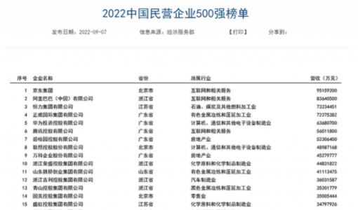 2022中国民营企业500强榜单发布：京东第一 阿里第二