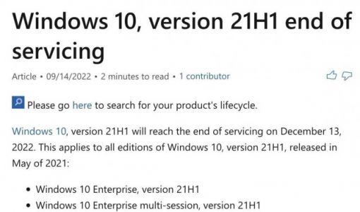 微软提醒 Win10 21H1 即将停止支持，请用户尽快升级