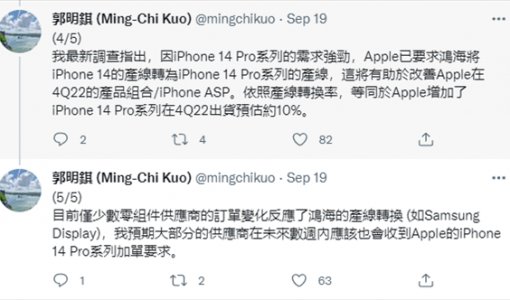 Pro Max最受欢迎！郭明錤：iPhone 14 Pro系列下半年出货量将达65%