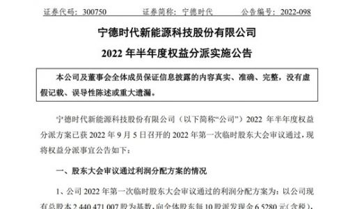 宁德时代：2022年半年度拟每10股派6.528元 合计派发15.93亿元