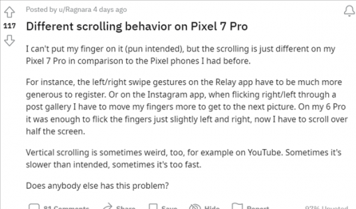 谷歌Pixel 7 Pro问题频发：屏幕滑动不畅不灵敏