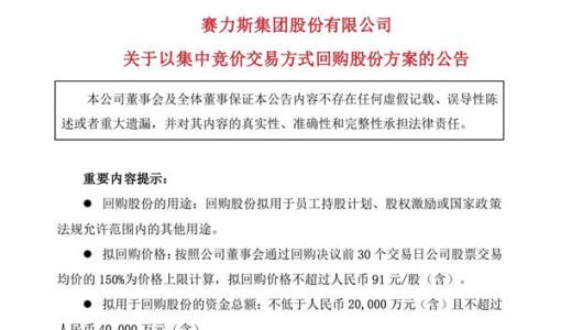 赛力斯：拟以自有资金不超过4亿元回购公司股份