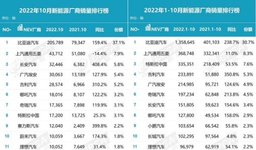 乘联会公布10月新能源车销量榜单 自主品牌获压倒性优势