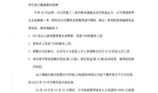 威马CEO发全员信：将会实行一系列降本措施应对资金压力