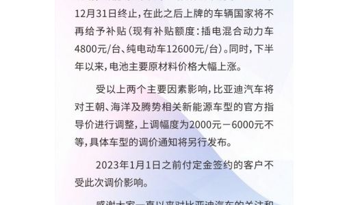 比亚迪新能源车要涨价：上调幅度2000元一6000元不等