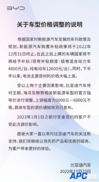 比亚迪发布车型价格调整说明：上涨2000-6000元不等