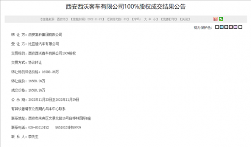 1.66亿！比亚迪接盘西安西沃客车