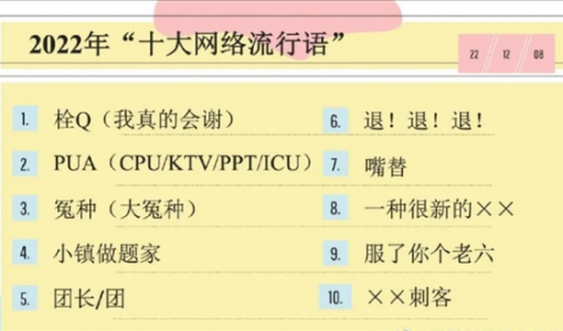 2022年十大网络流行语发布：栓Q、冤种等都上榜