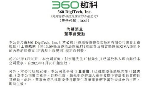 360数科：付永进辞任公司董事 委任赵帆为公司独立董事